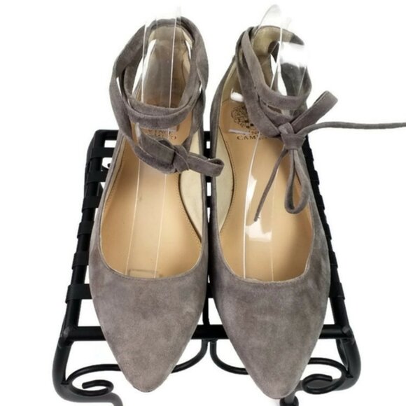 Vince Camuto Bevian Grey Suede Point Toe Ankle Lace Flats Womens Size 9.5M - Picture 1 of 10
